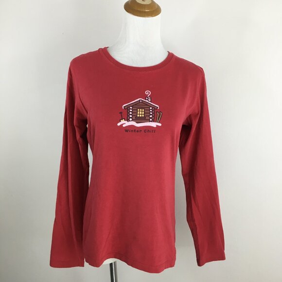 LIFE IS GOOD Long Sleeve Red Multi Color Snow Winter Cabin Print Shirt - Picture 3 of 16